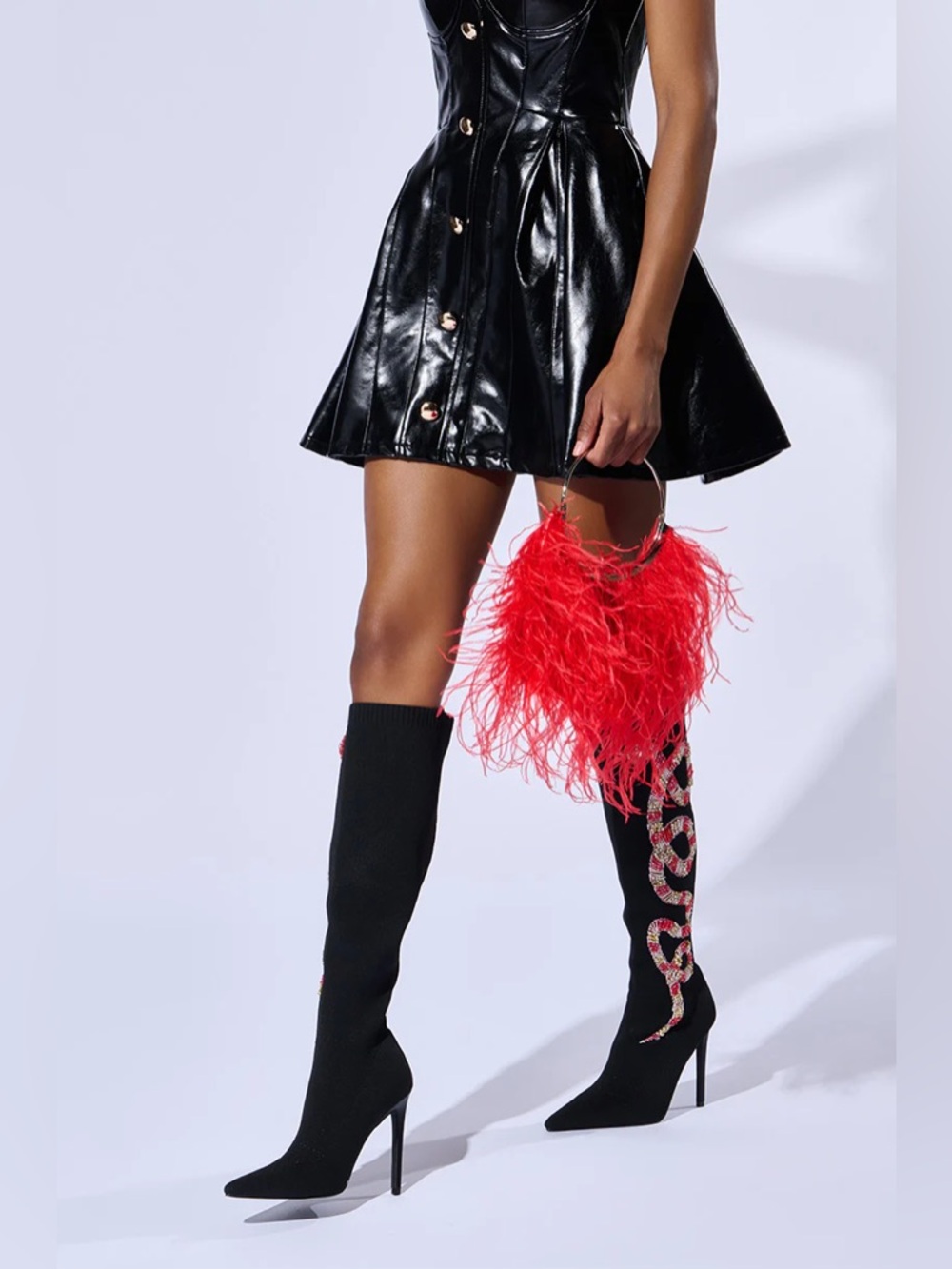 Black Over-the-Knee Stiletto Boot with Red Beaded Snake Detail - Picture 6 of 6